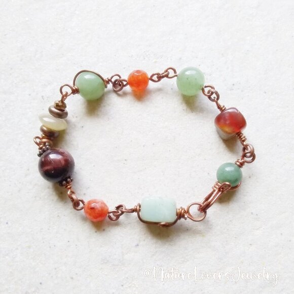 Uniquely Hand Crafted! Aventurine Agate Jasper Carnelian + Copper Bracelet - Picture 1 of 7